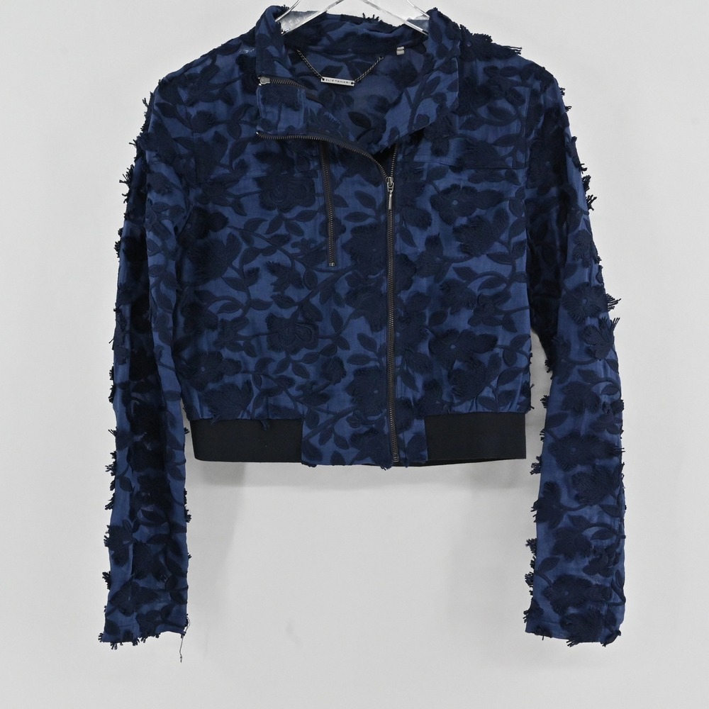 Elie Tahari Floral Embroidered Bomber Jacket Womens Size S Navy 3D Applique Zip